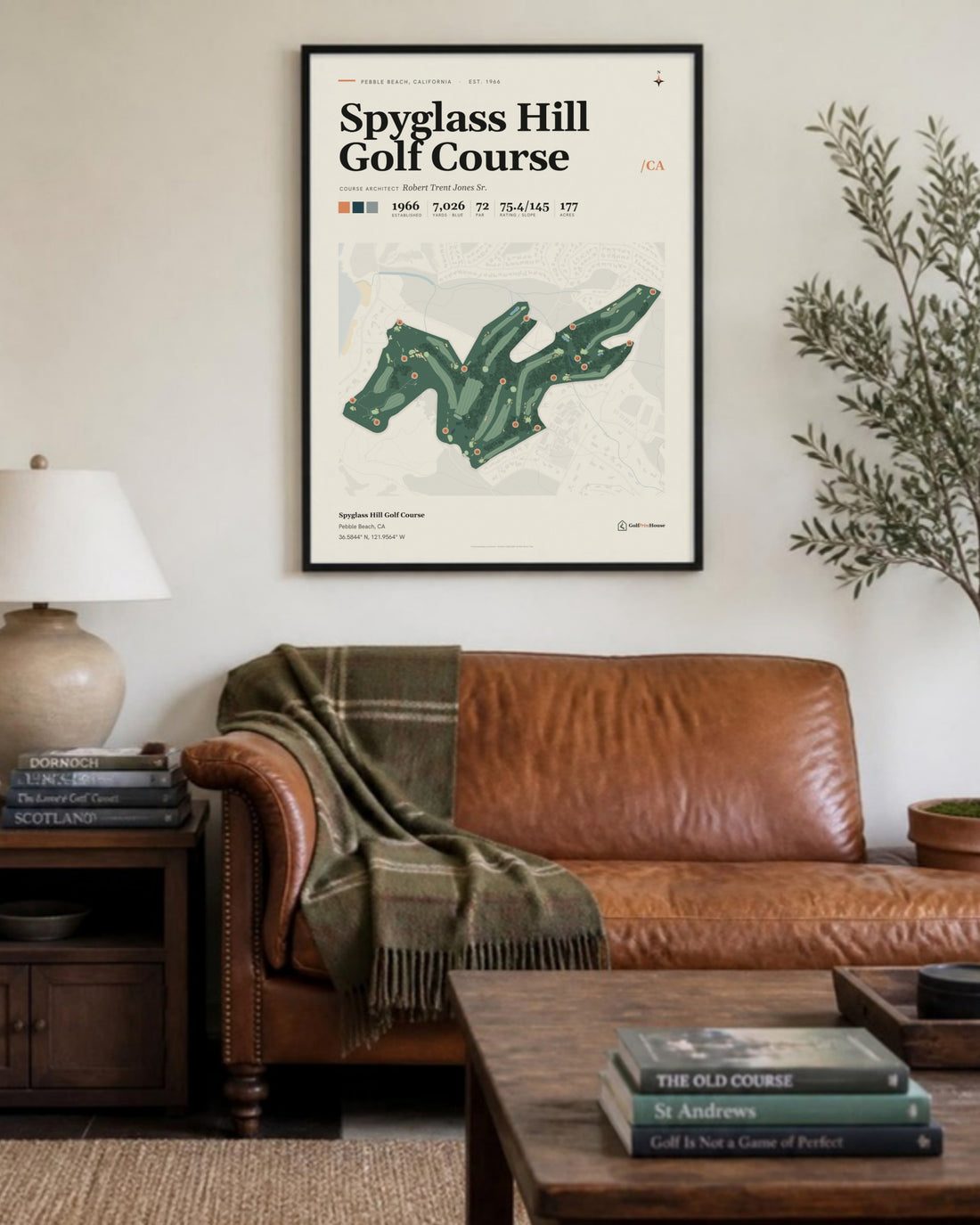 Spyglass Hill Golf Course golf course print, above a living room sofa