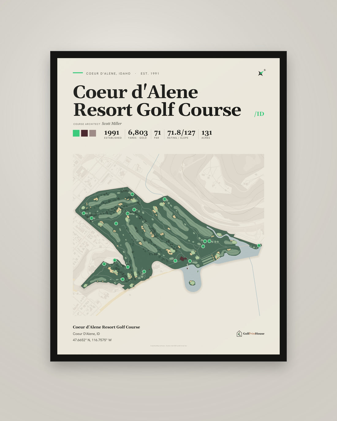 Coeur d'Alene Resort Golf Course golf course print, framed, on a plain wall