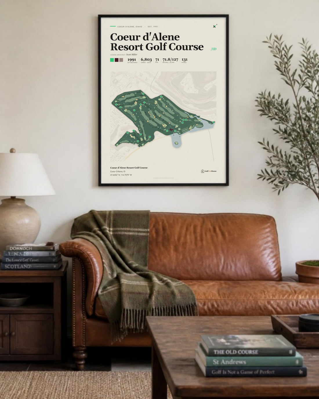 Coeur d'Alene Resort Golf Course golf course print, above a living room sofa