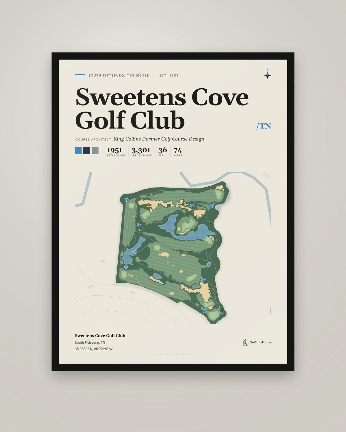 Sweetens Cove Golf Club golf course print, framed, on a plain wall