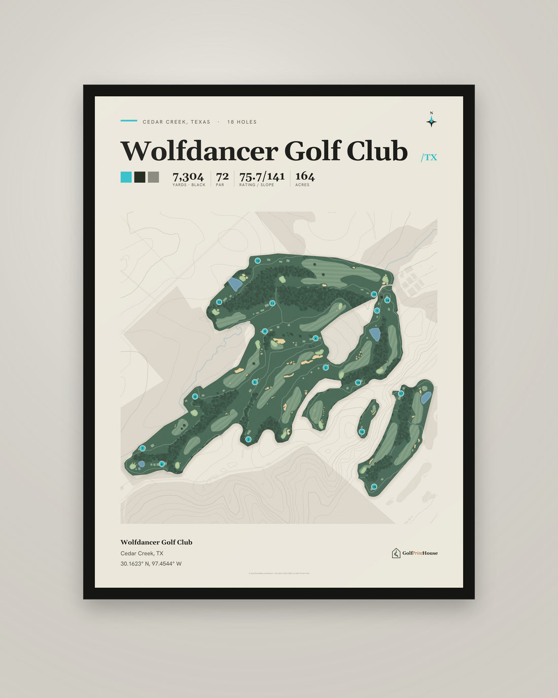 Wolfdancer Golf Club golf course print, framed, on a plain wall