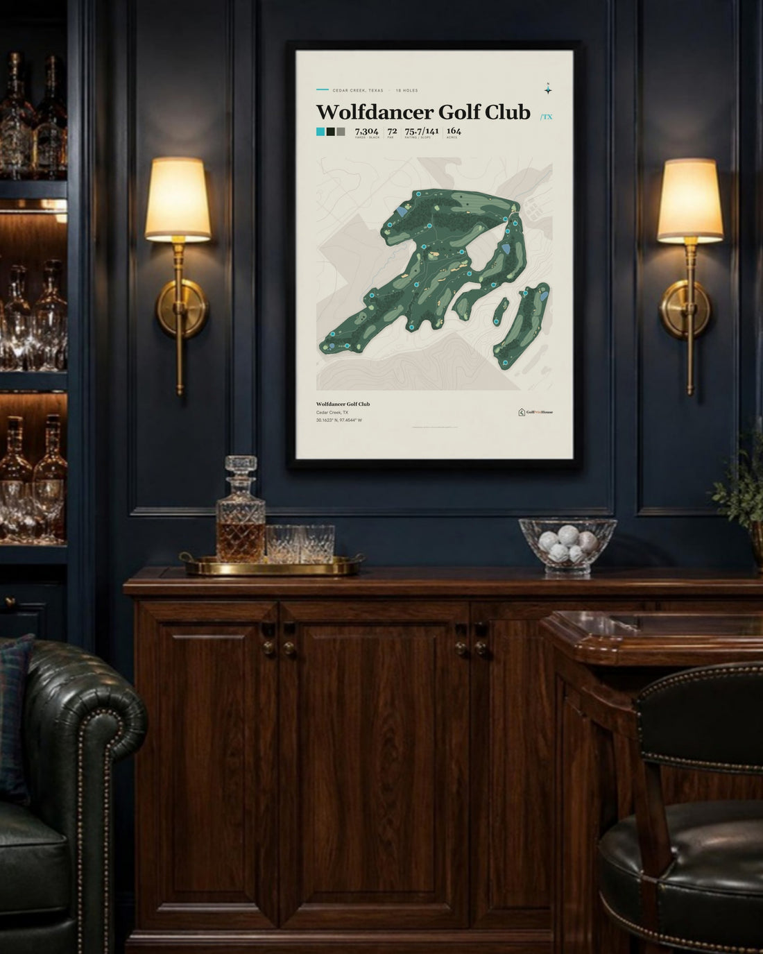 Wolfdancer Golf Club golf course print, above a home bar