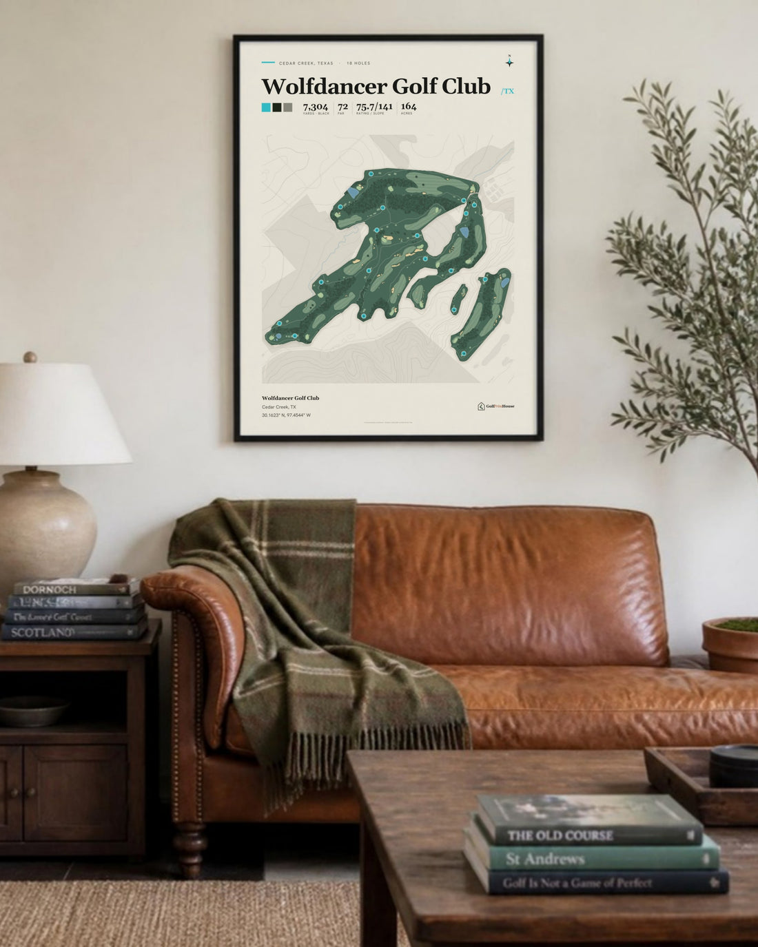 Wolfdancer Golf Club golf course print, above a living room sofa