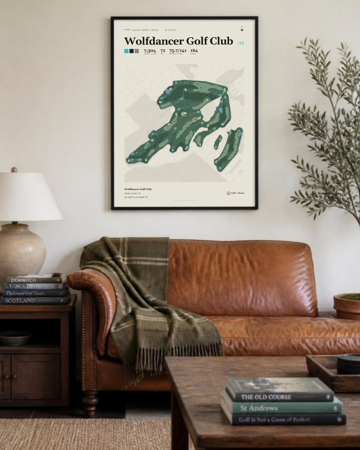 Wolfdancer Golf Club golf course print, above a living room sofa
