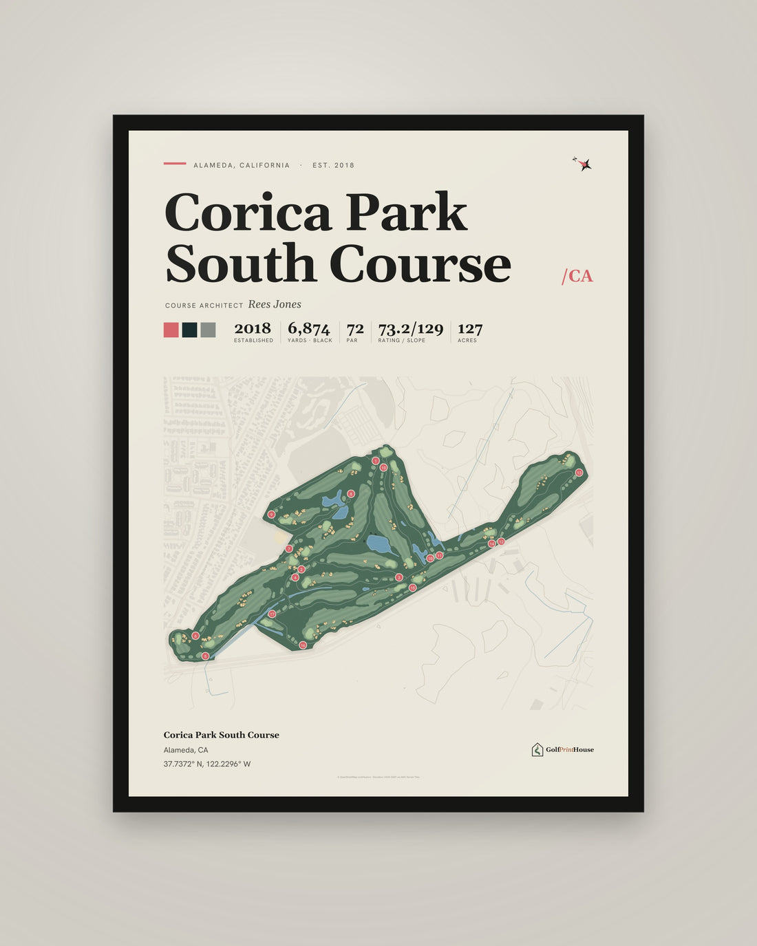 Corica Park South Course golf course print, framed, on a plain wall