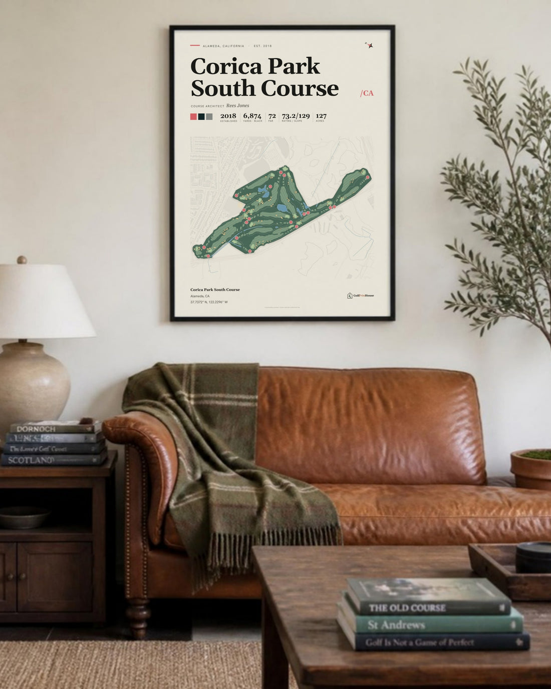 Corica Park South Course golf course print, above a living room sofa