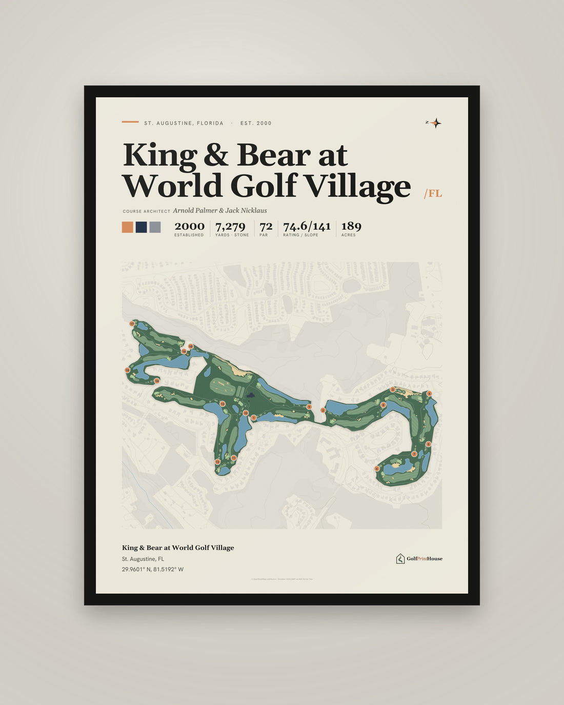 King & Bear at World Golf Village golf course print, framed, on a plain wall
