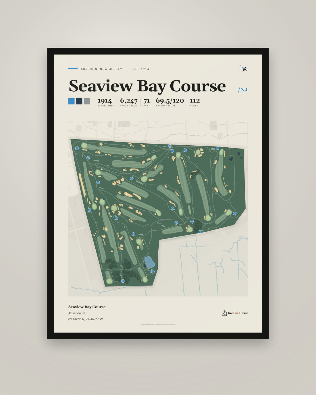 Seaview Bay Course golf course print, framed, on a plain wall