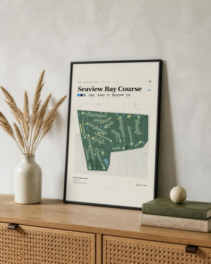 Seaview Bay Course golf course print, leaning on a shelf