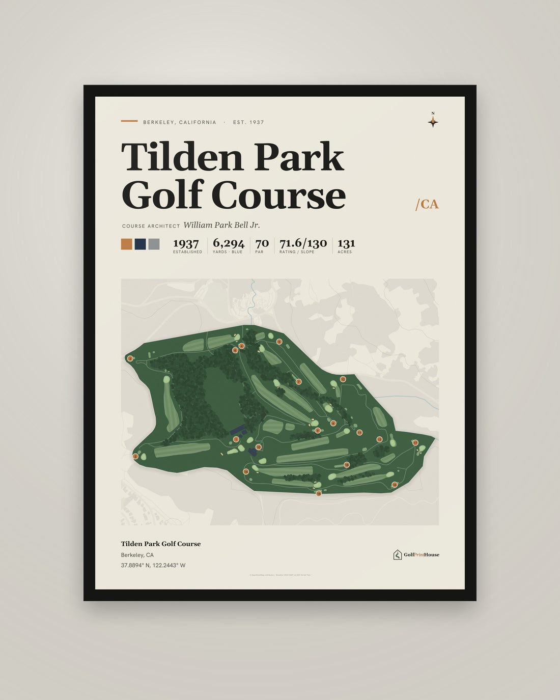 Tilden Park Golf Course golf course print, framed, on a plain wall