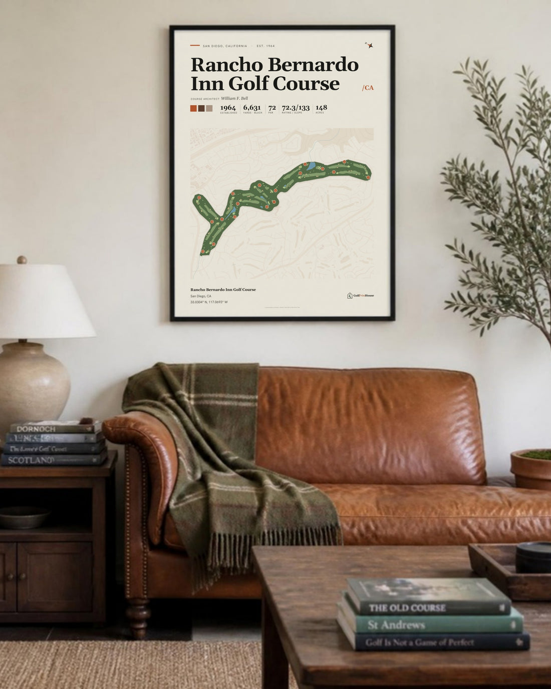Rancho Bernardo Inn Golf Course golf course print, above a living room sofa