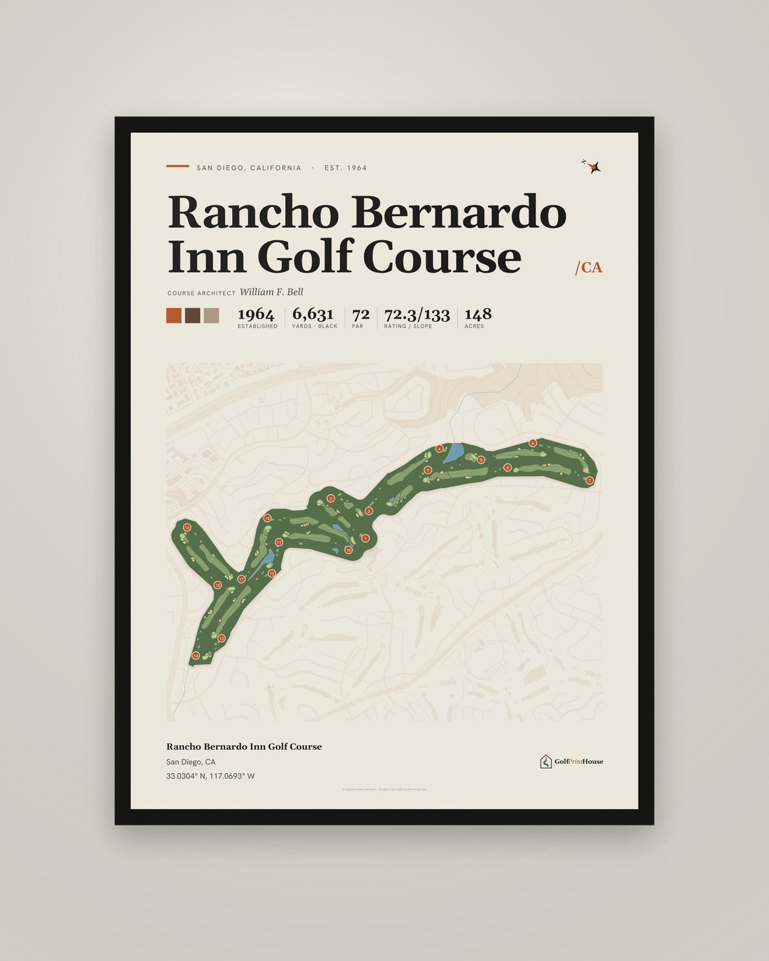 Rancho Bernardo Inn Golf Course golf course print, framed, on a plain wall