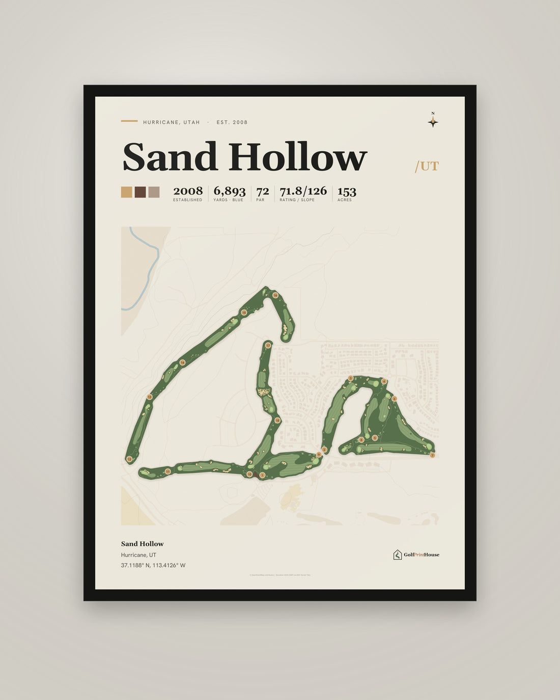 Sand Hollow golf course print, framed, on a plain wall