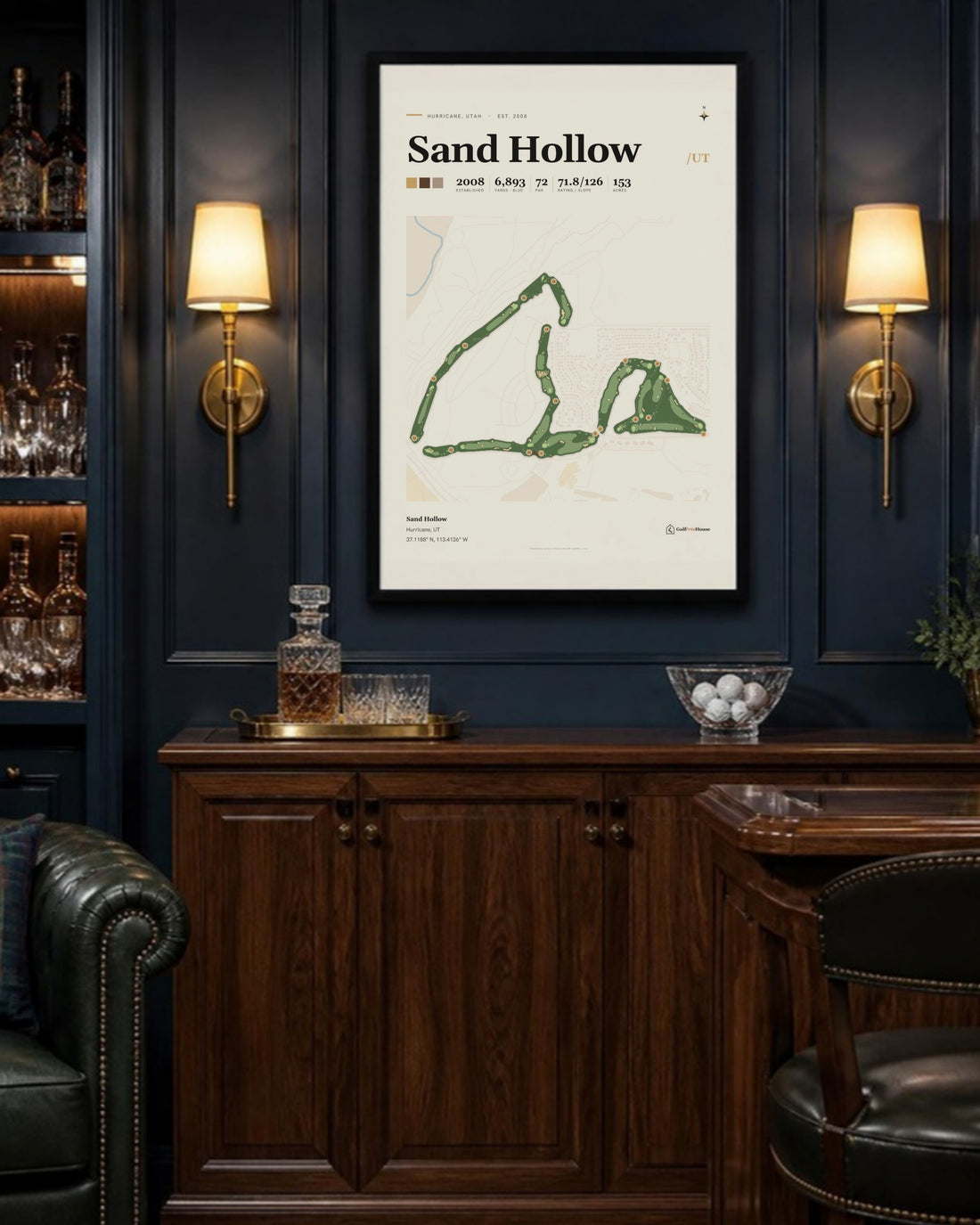 Sand Hollow golf course print, above a home bar