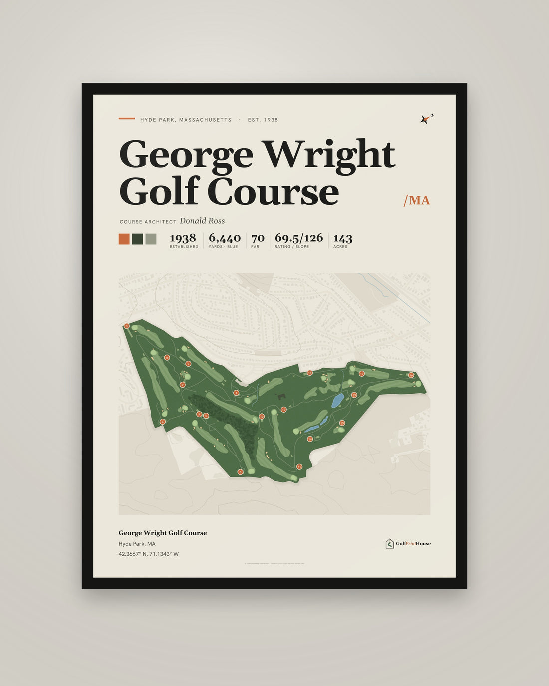George Wright Golf Course golf course print, framed, on a plain wall