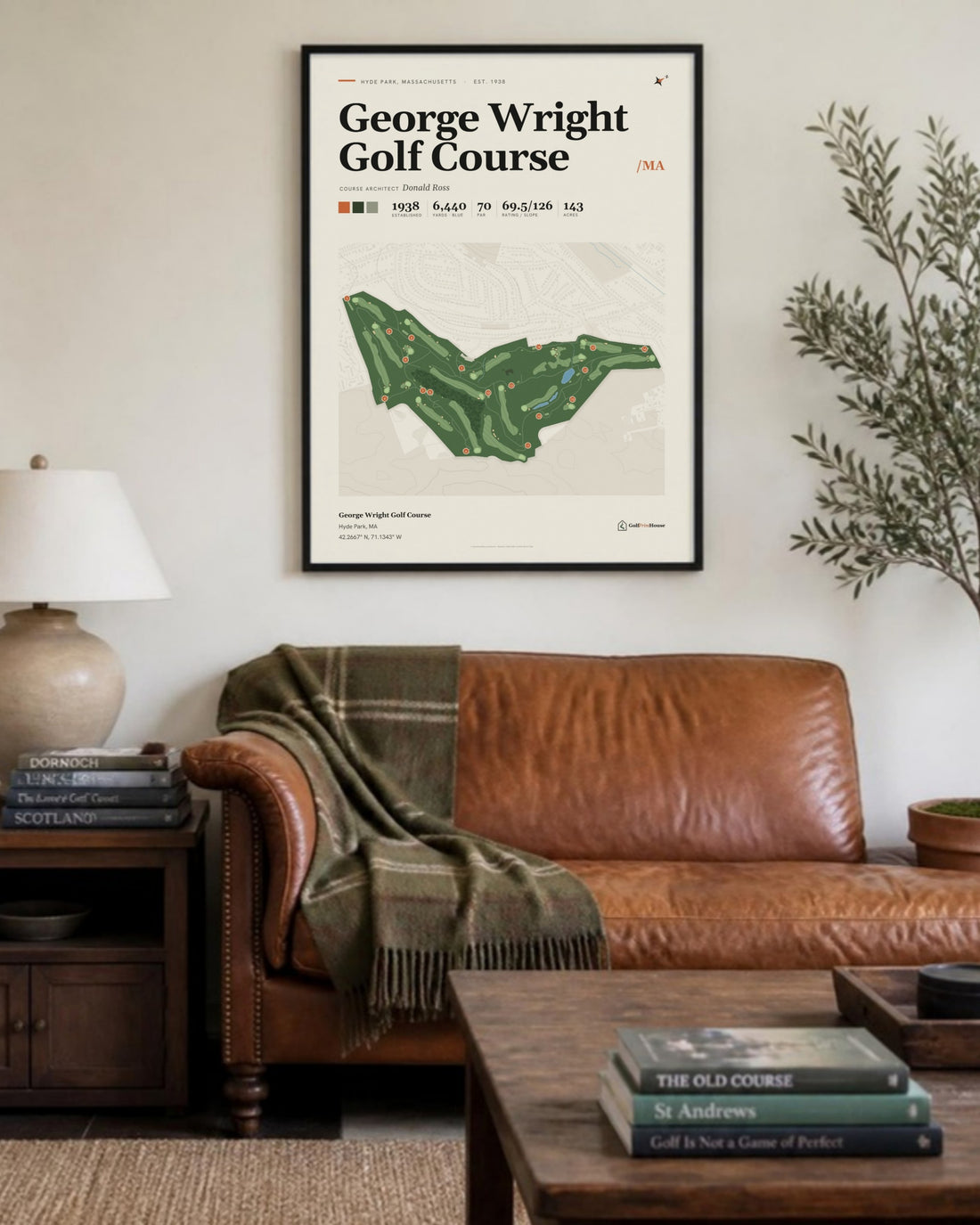 George Wright Golf Course golf course print, above a living room sofa