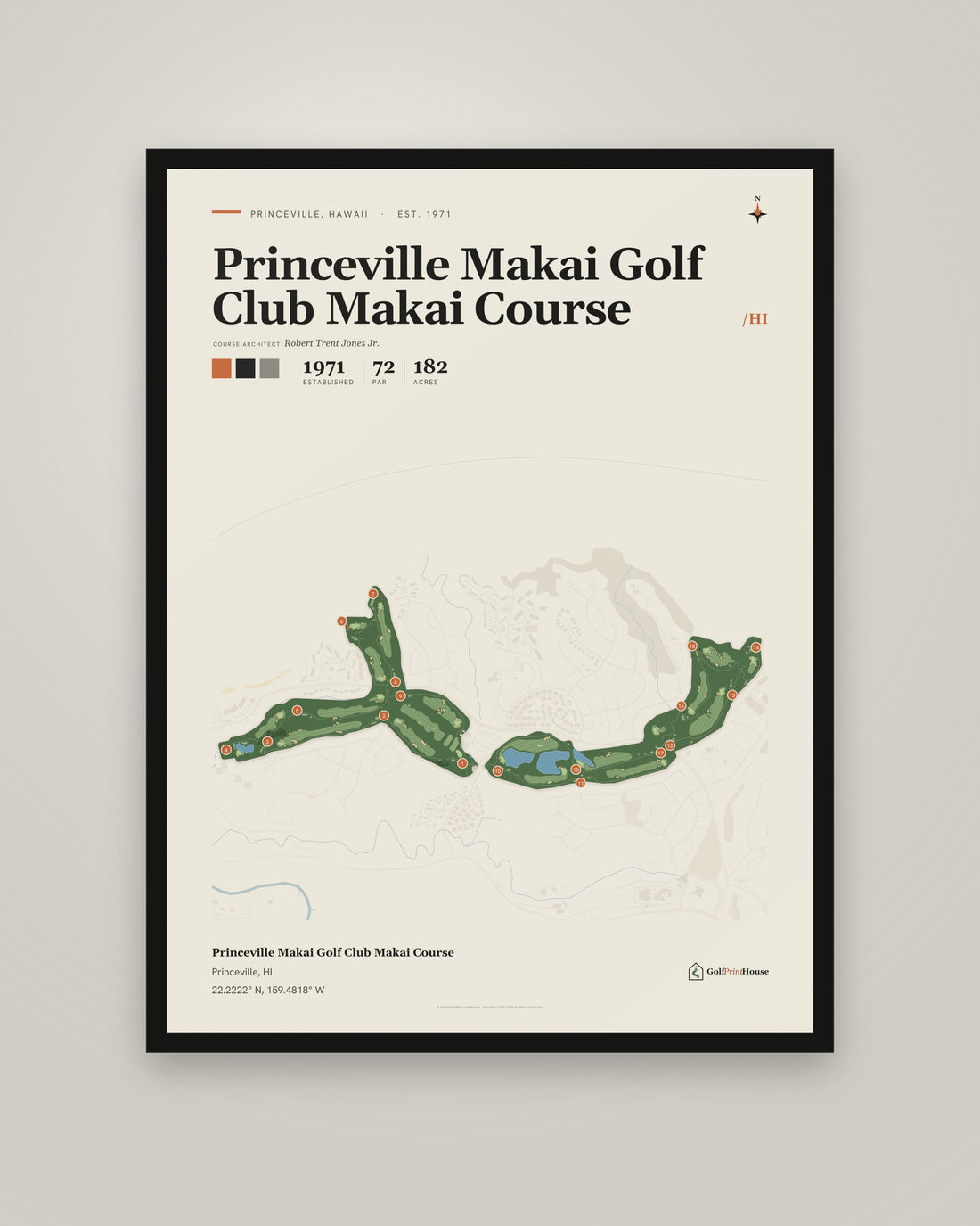 Princeville Makai Golf Club Makai Course golf course print, framed, on a plain wall