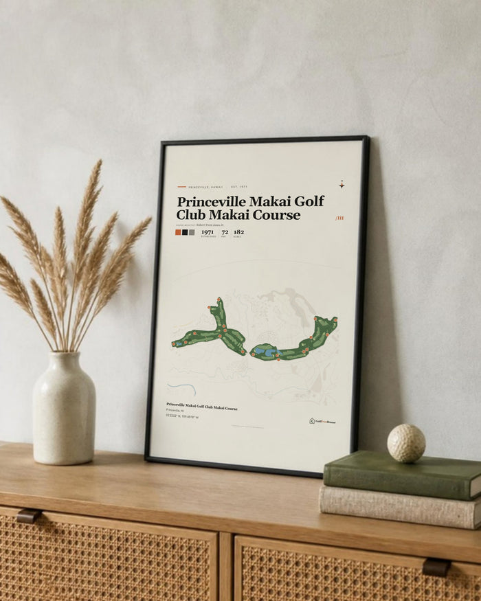Princeville Makai Golf Club Makai Course golf course print, leaning on a shelf
