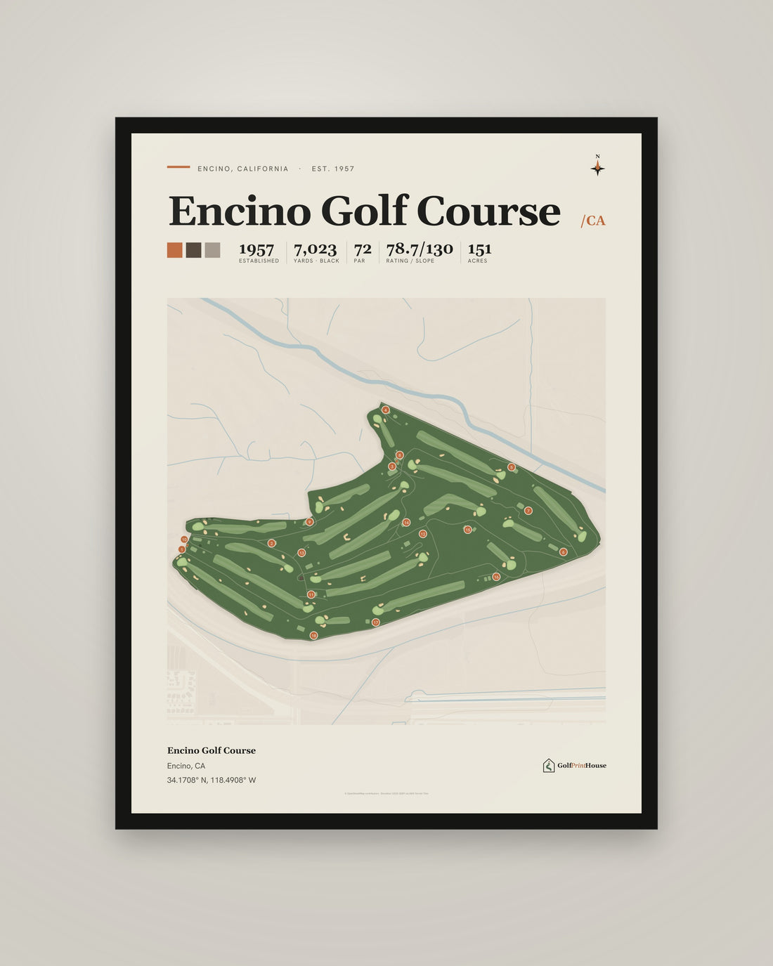 Encino Golf Course golf course print, framed, on a plain wall