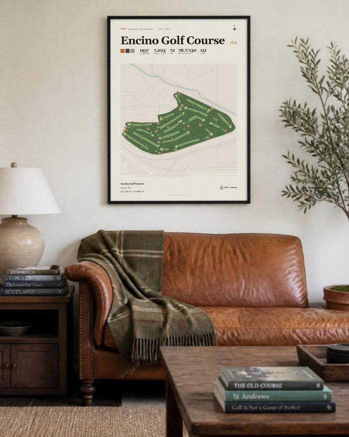 Encino Golf Course golf course print, above a living room sofa