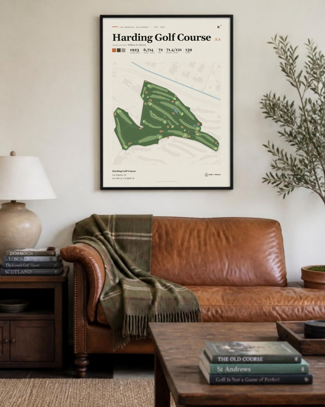 Harding Golf Course golf course print, above a living room sofa