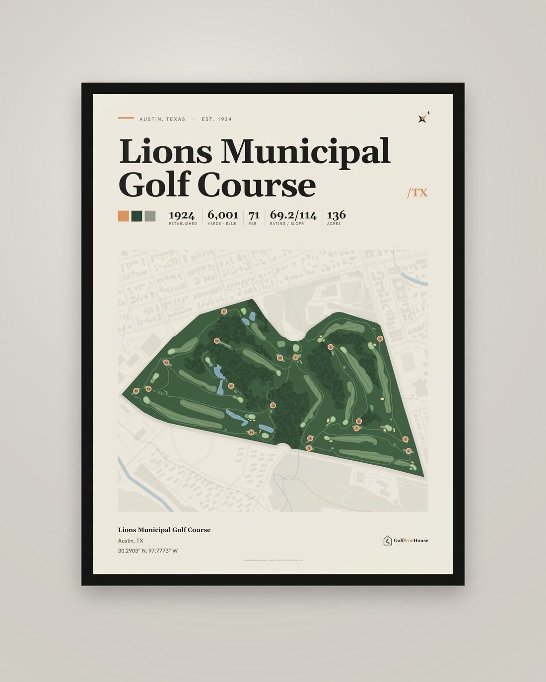 Lions Municipal Golf Course golf course print, framed, on a plain wall