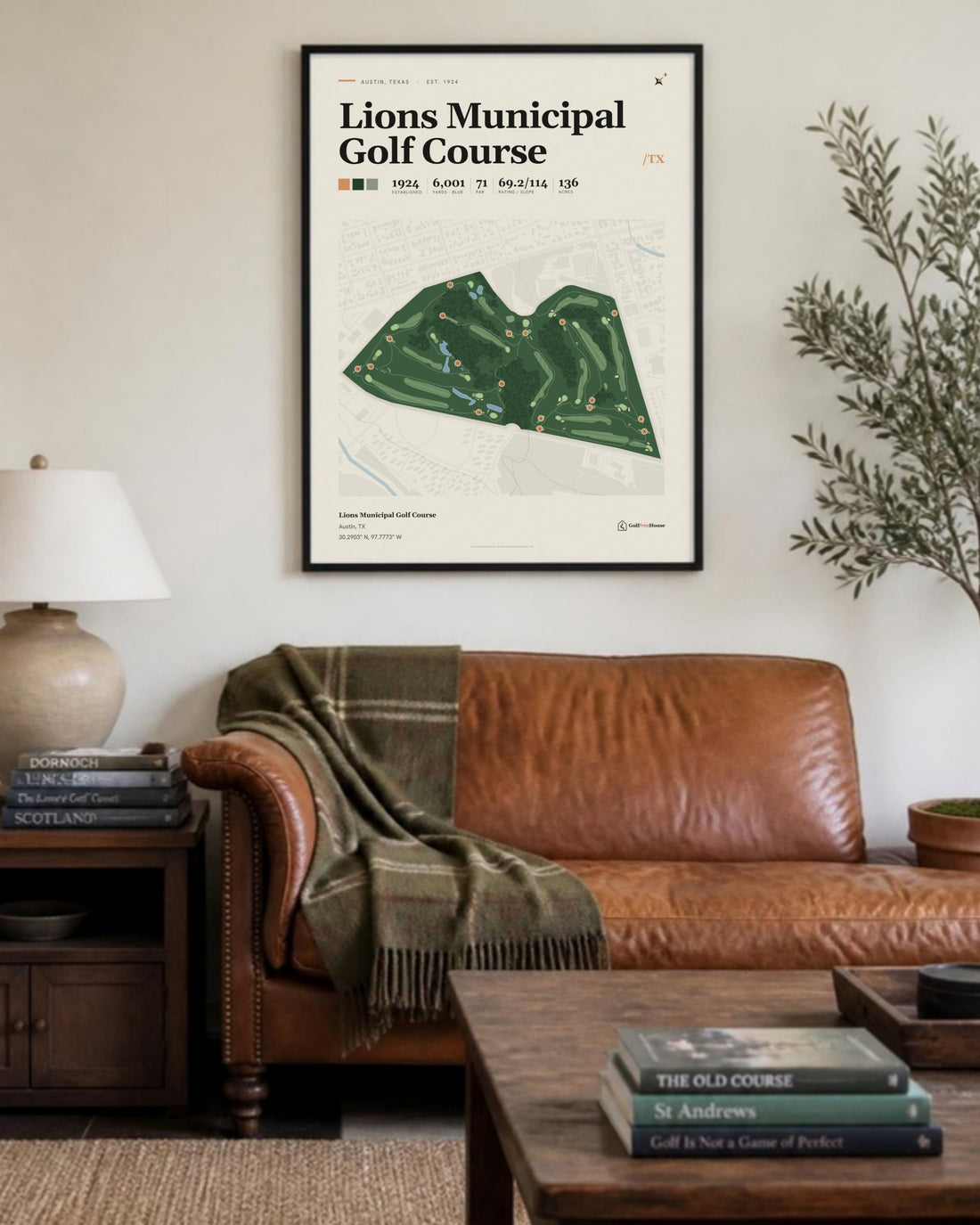 Lions Municipal Golf Course golf course print, above a living room sofa