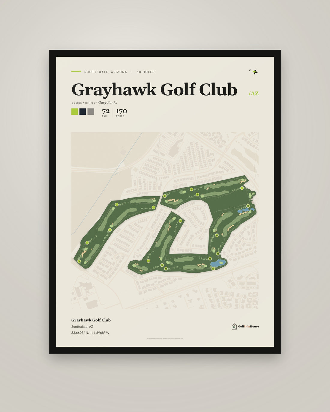 Grayhawk Golf Club golf course print, framed, on a plain wall