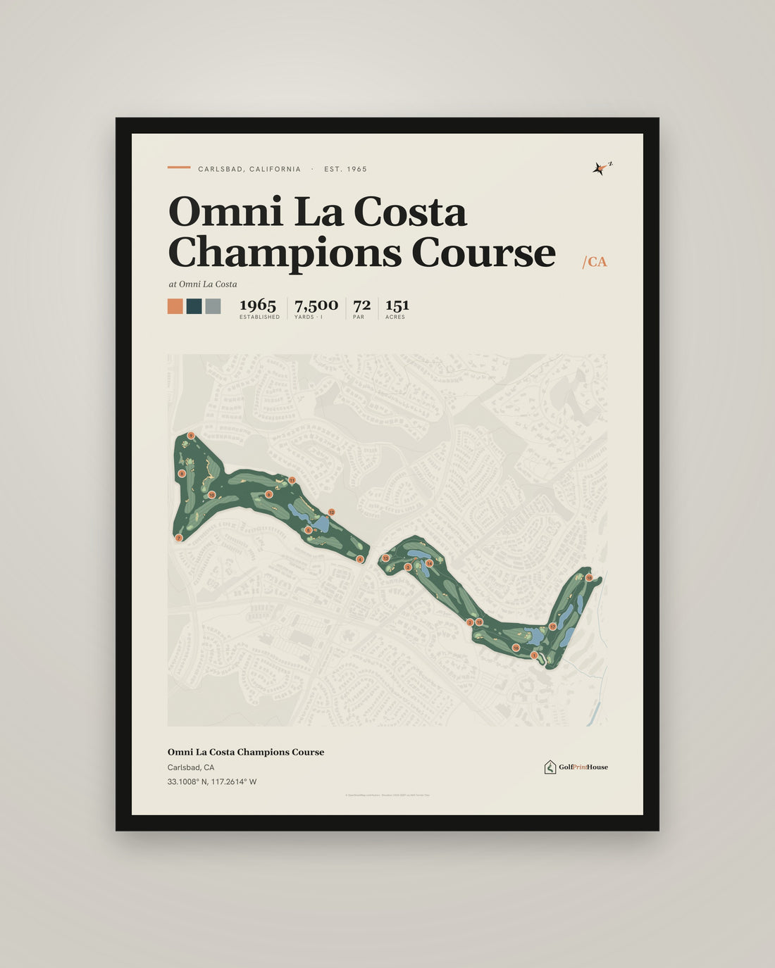 Omni La Costa Champions Course golf course print, framed, on a plain wall
