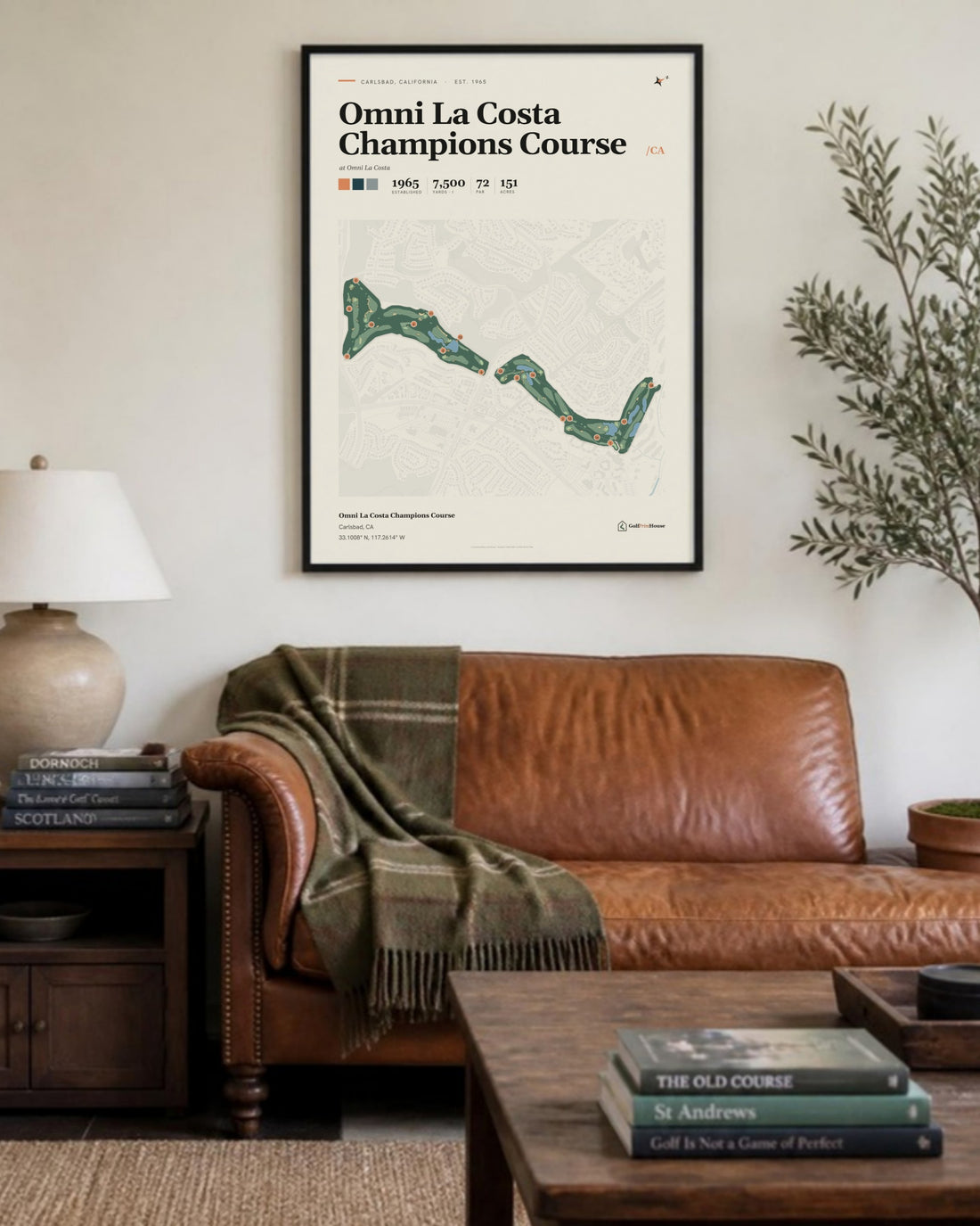 Omni La Costa Champions Course golf course print, above a living room sofa