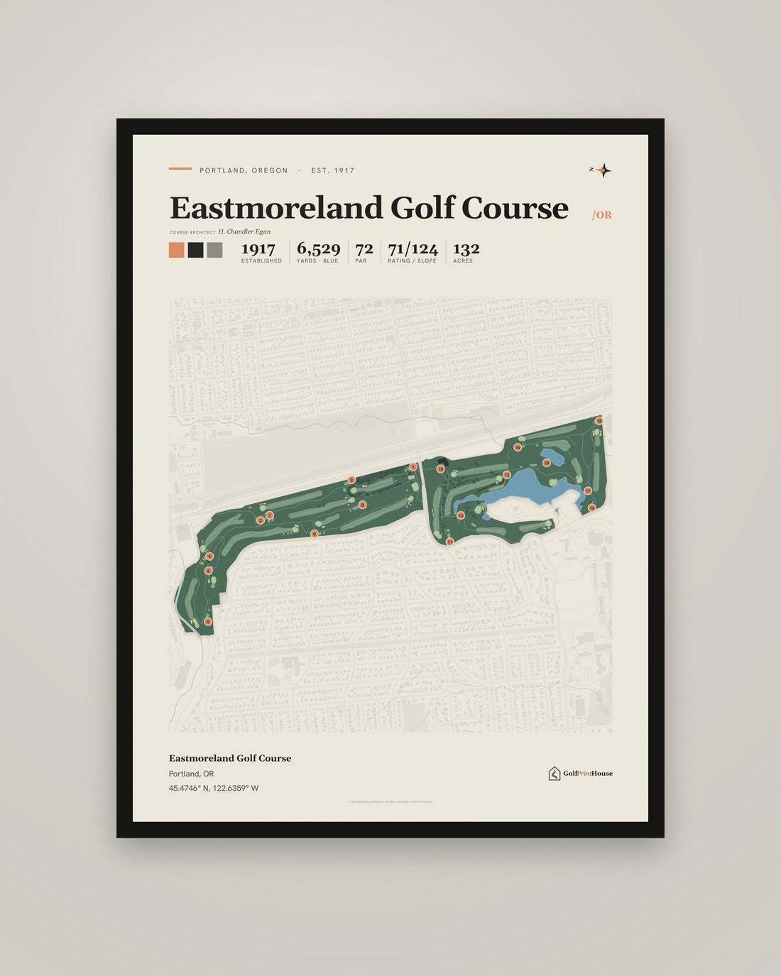 Eastmoreland Golf Course golf course print, framed, on a plain wall