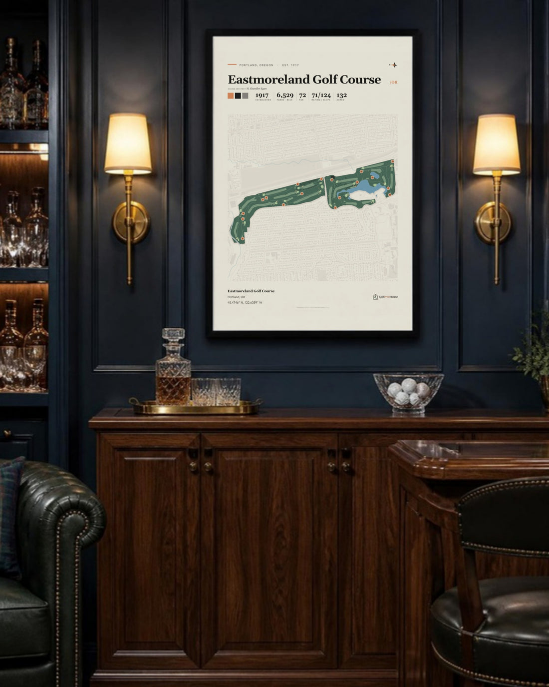 Eastmoreland Golf Course golf course print, above a home bar