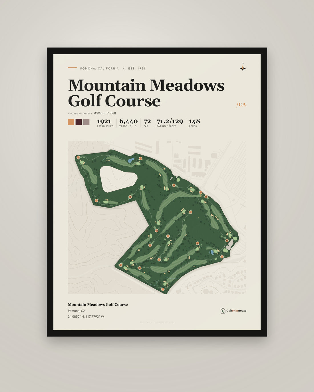 Mountain Meadows Golf Course golf course print, framed, on a plain wall