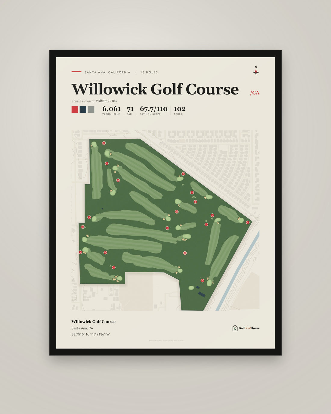 Willowick Golf Course golf course print, framed, on a plain wall