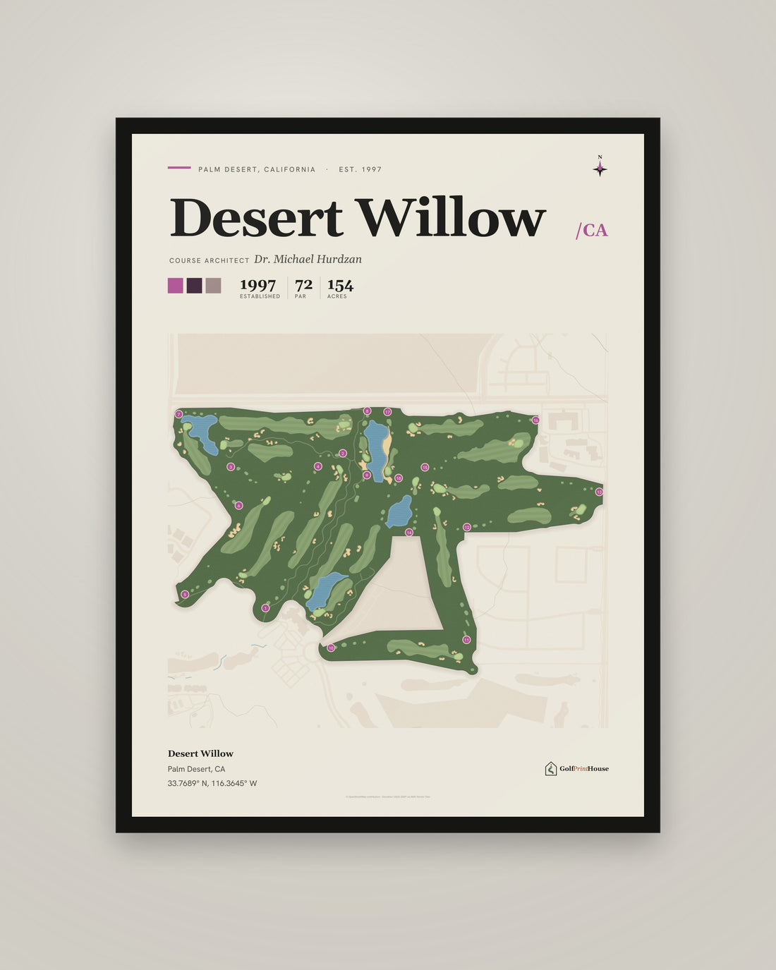 Desert Willow golf course print, framed, on a plain wall