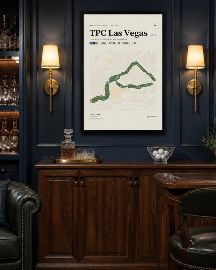 TPC Las Vegas golf course print, above a home bar