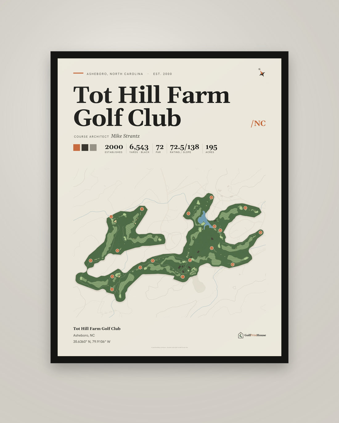 Tot Hill Farm Golf Club golf course print, framed, on a plain wall