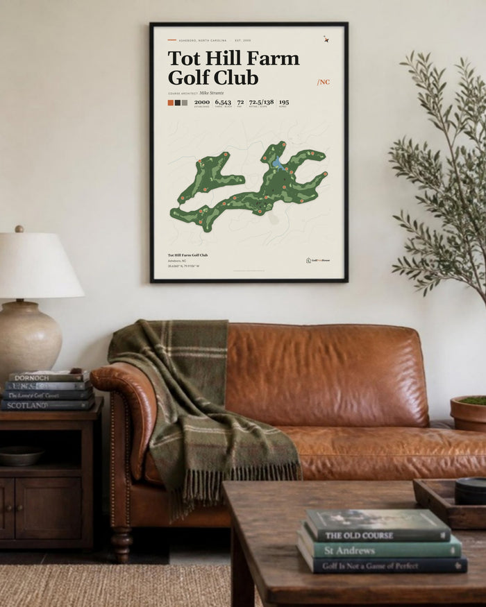Tot Hill Farm Golf Club golf course print, above a living room sofa