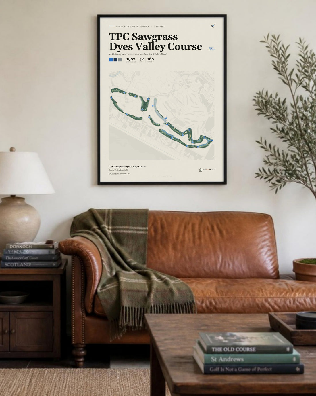 TPC Sawgrass Dyes Valley Course golf course print, above a living room sofa