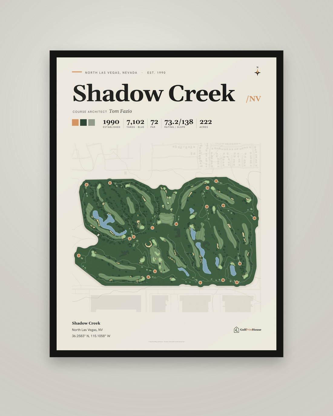 Shadow Creek golf course print, framed, on a plain wall