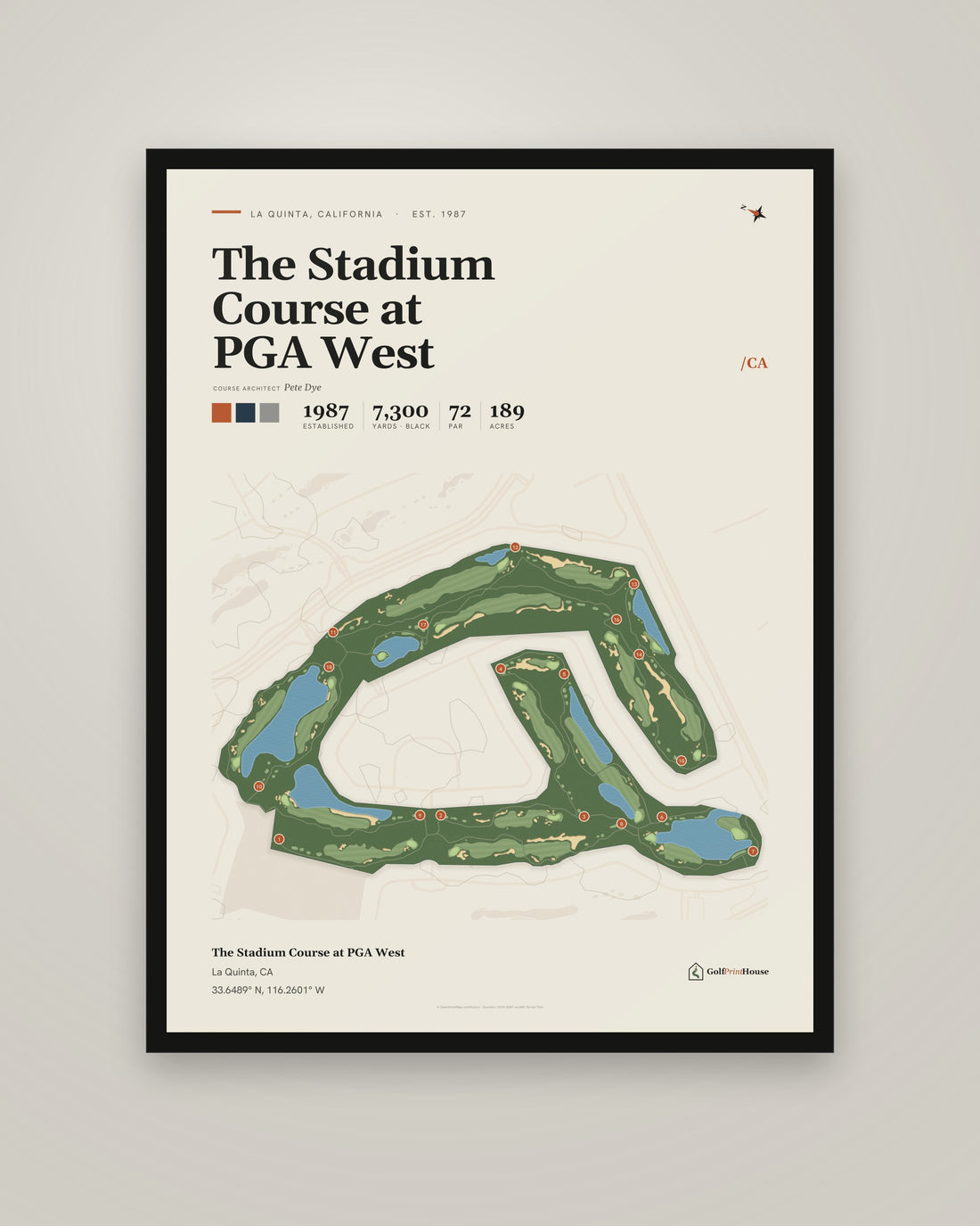 The Stadium Course at PGA West golf course print, framed, on a plain wall