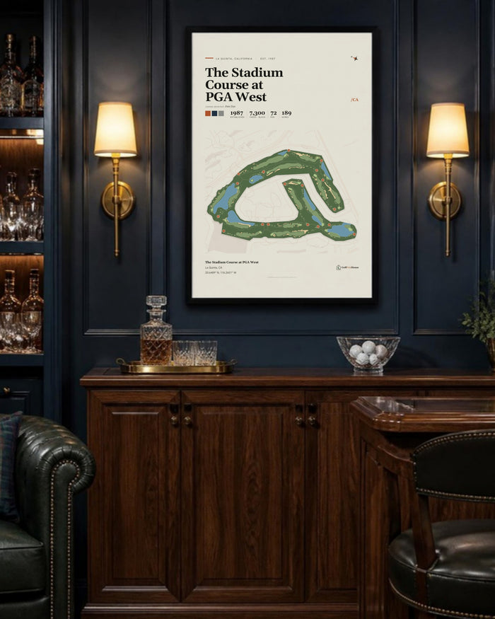 The Stadium Course at PGA West golf course print, above a home bar