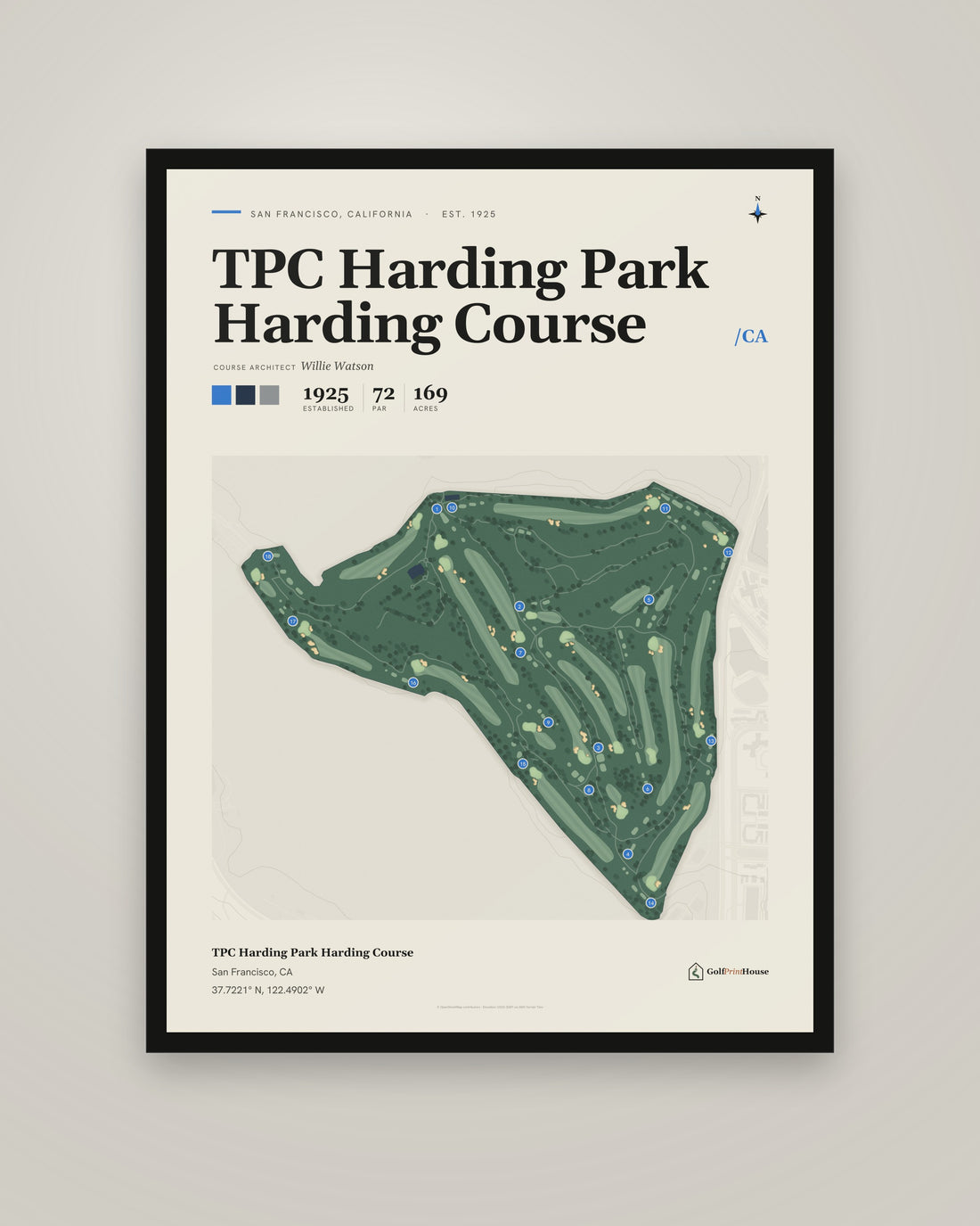 TPC Harding Park Harding Course golf course print, framed, on a plain wall