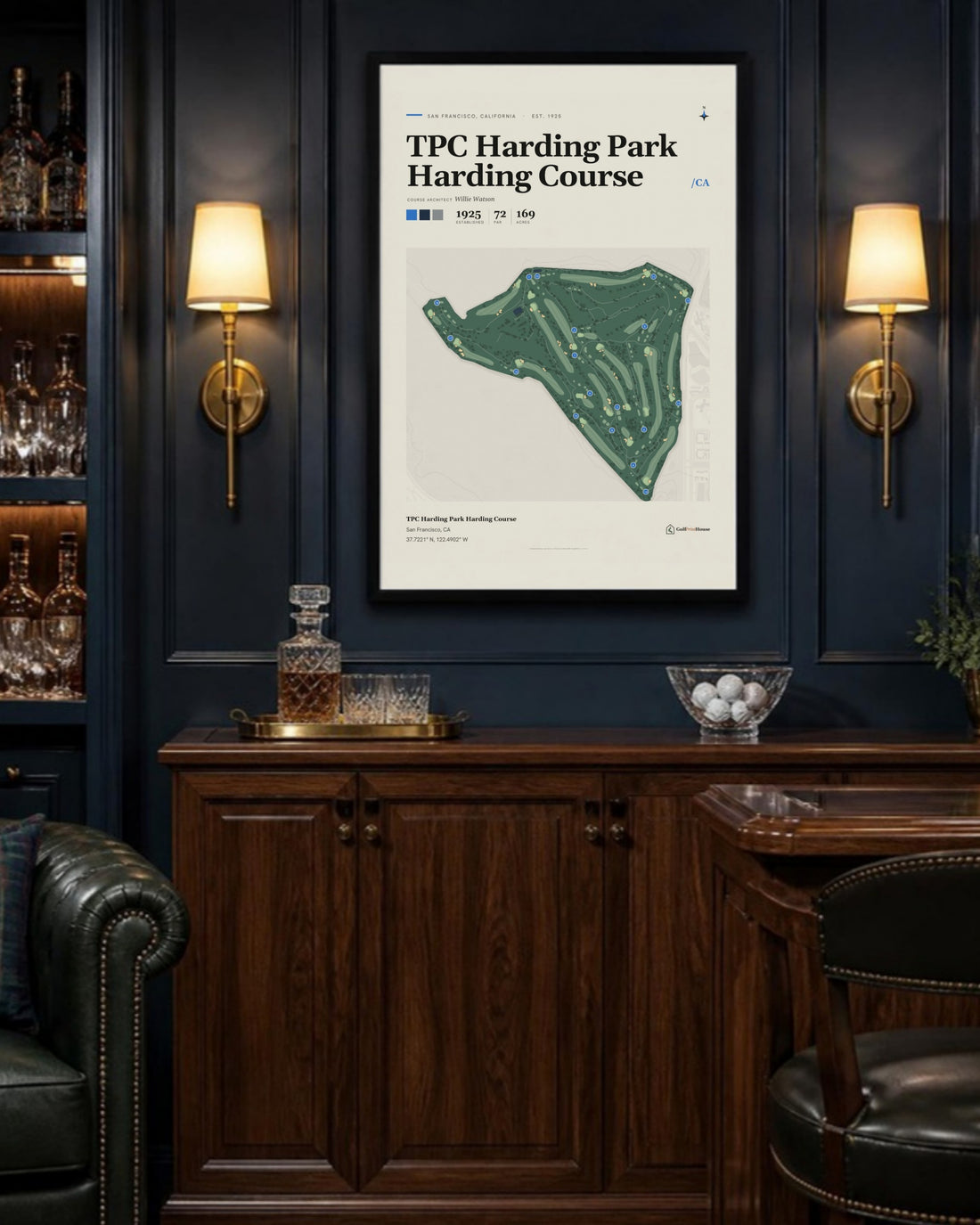 TPC Harding Park Harding Course golf course print, above a home bar