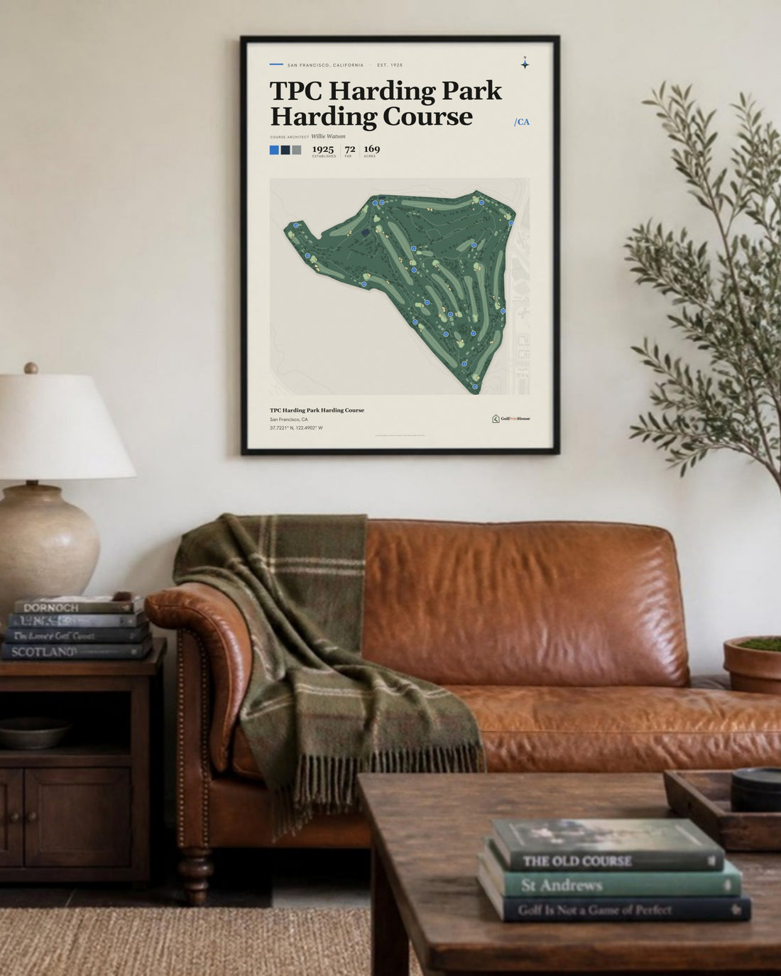 TPC Harding Park Harding Course golf course print, above a living room sofa