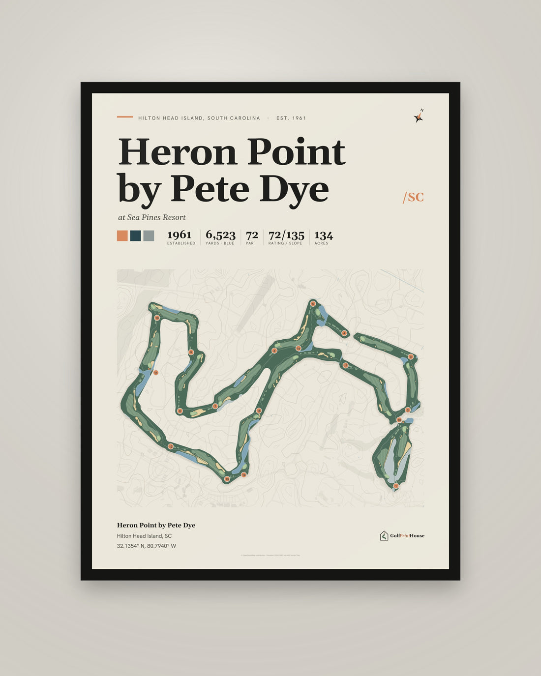 Heron Point by Pete Dye golf course print, framed, on a plain wall