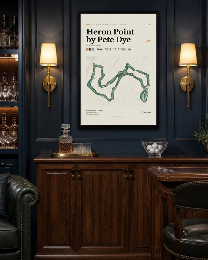 Heron Point by Pete Dye golf course print, above a home bar