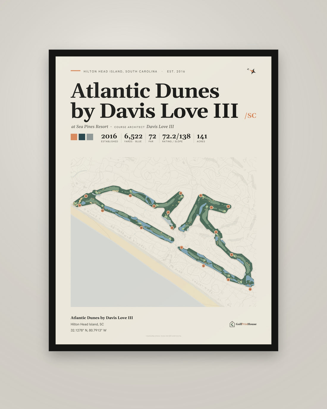 Atlantic Dunes by Davis Love III golf course print, framed, on a plain wall