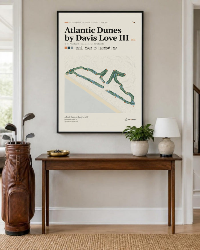 Atlantic Dunes by Davis Love III golf course print, in an entryway