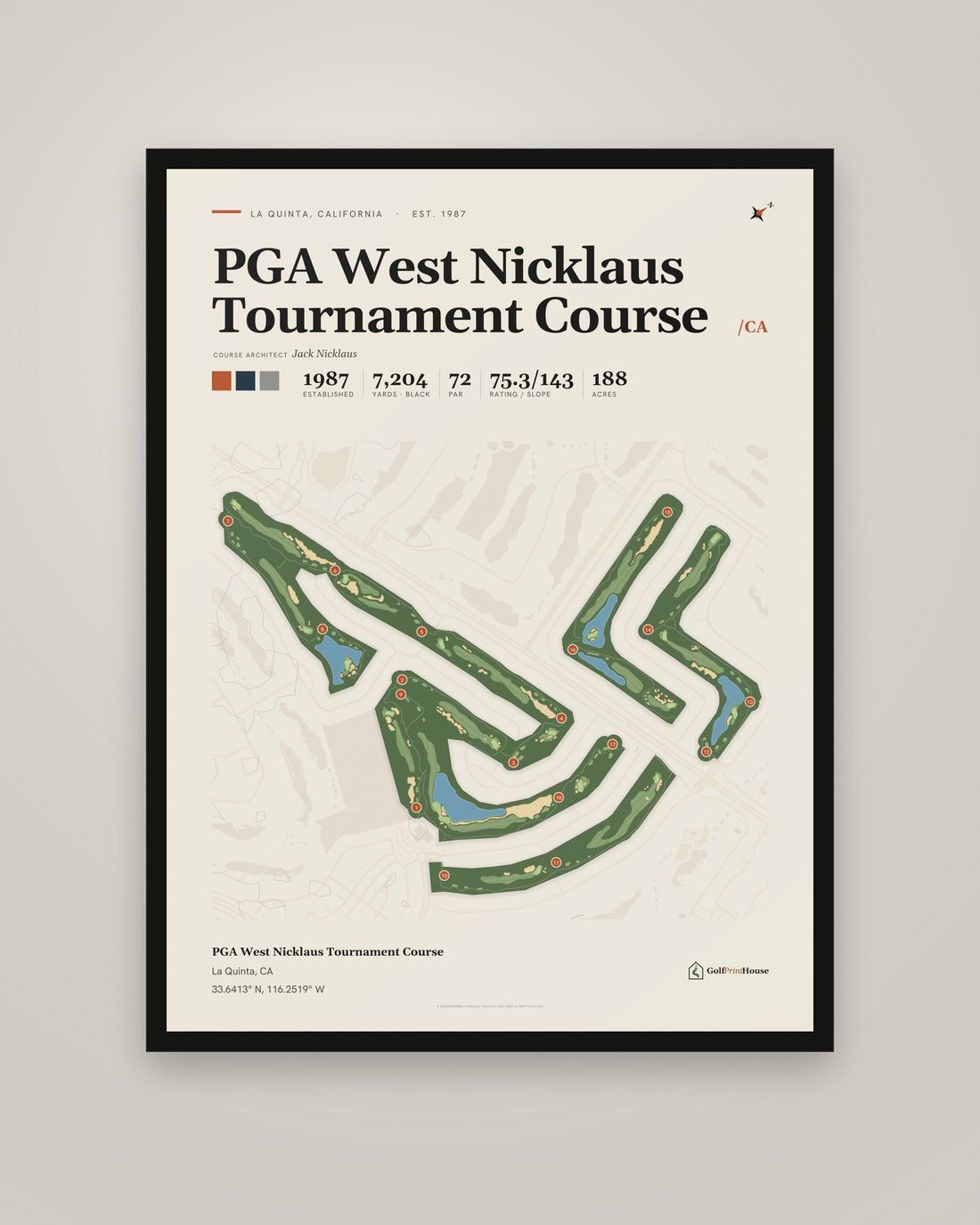PGA West Nicklaus Tournament Course golf course print, framed, on a plain wall